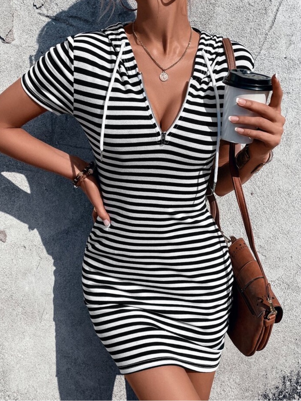 Striped Hooded Bodycon Summer T-Shirt Dress. Zipper down chest.